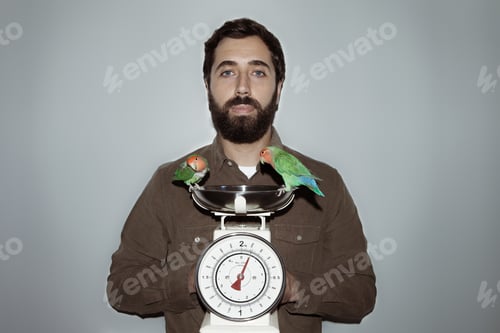 Preview: A bearded man holds two birds on a vintage scale.