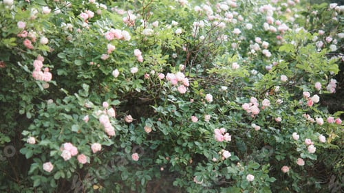Preview: Dense thickets of rose bushes in the garden. Blooming light pink roses.
