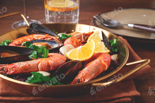 Preview: seafood and black rice paella, in a frying pan, homemade, on a wooden table, no people,
