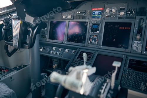 Preview: Aircraft flight deck with control column and flight displays
