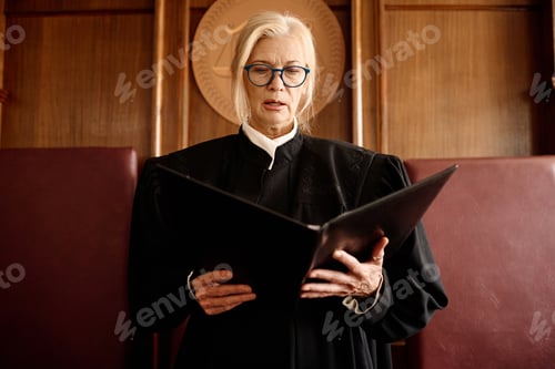 Preview: Mature impartial female judge with open folder announcing verdict