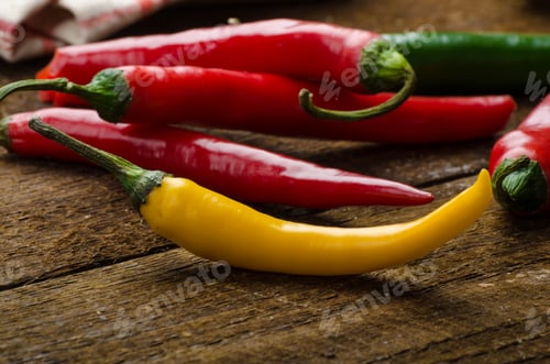 Preview: Chilli peppers, wood table, background