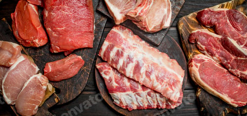 Preview: Raw meat. Different kinds of pork and beef meat.