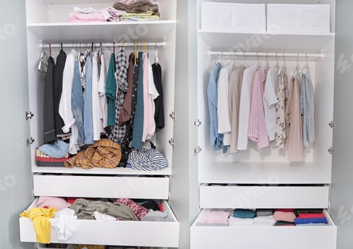 Preview: White Wardrobes Full of Clothes and Storage Boxes