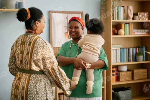 Preview: Black Woman with Baby Chatting with family Member at Home