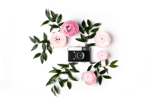 Preview: Floral Arrangement with Vintage Camera on White Background