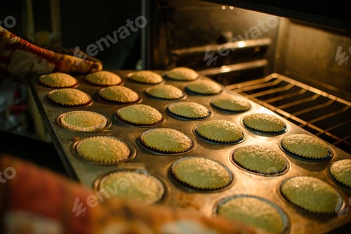 Preview: Cupcakes baking on a home stove.