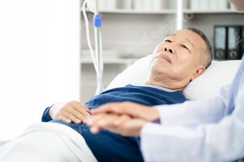 Preview: doctor touching patient hand and consoling.
