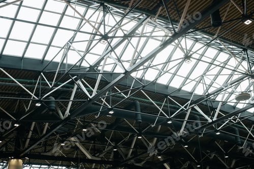 Preview: Industrial premises roof architecture, iron roof structure with glass window indoors
