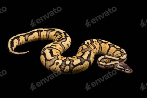 Preview: Female Ball Python - Python Regius, Age 1 Year, Isolated On A Black Background. Firefly Morph Or