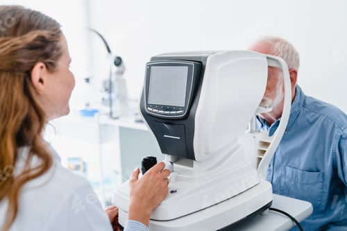 Preview: Woman doctor examining elderly man`s eyes by using special ophthalmic apparatus
