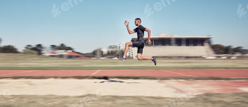 Preview: Runner, man jump and sports stadium for marathon training, fitness workout or wellness exercise on
