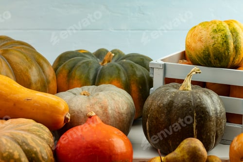 Preview: Pile of pumpkins in a wooden box