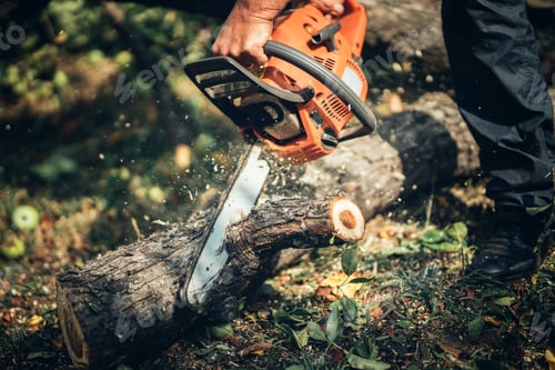 Preview: Trunk cutter, wood and timber slicing. Male Forester cutting logs