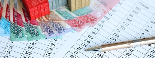 Preview: Company shipping cargo containers in Indonesia with rupiah money bills and pen