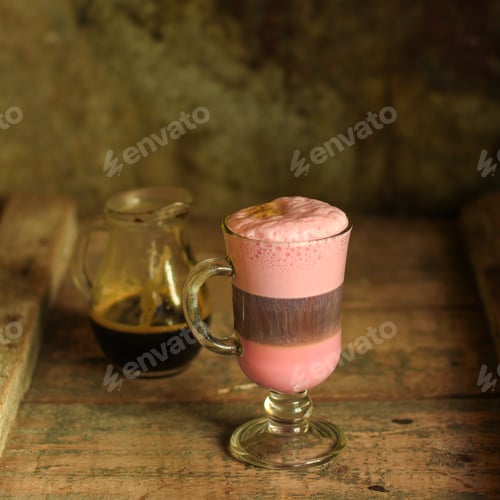 Preview: Beetroot Latte (Beet Juice) - Coffee With Milk In A Transparent Cup On The Table. Top View.