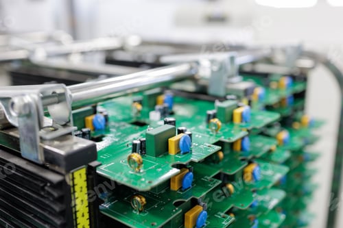 Preview: Stack of assembled printed circuit boards in rack at modern electronics factory