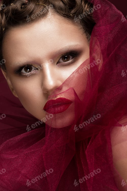 Preview: Beautiful girl with art creative make-up in image of red bride for Halloween. Beauty face.