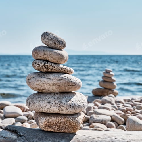 Preview: Pyramids of stones or cairn on shore Lake Baikal, Zabaykalsky National Park, Buryatia, Russia.