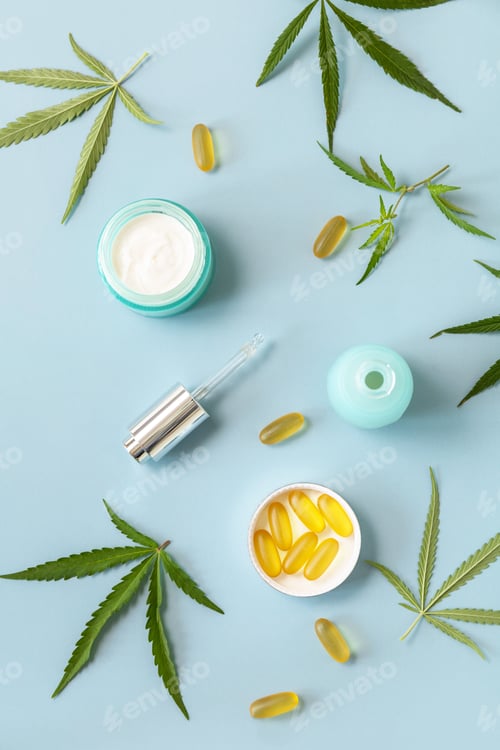 Preview: Cannabis leaf skincare cosmetic product. Moisturizing cream, Serum, capsules oil.