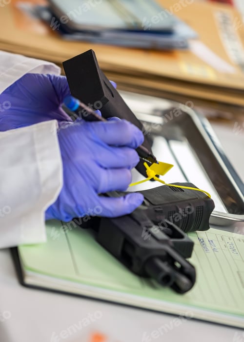 Preview: Police scientist writes serial number on firearm magazine in crime lab, conceptual image