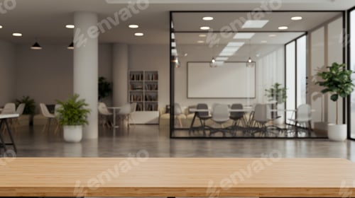 Preview: 3d render Wooden table with open space office interior skyscraper background