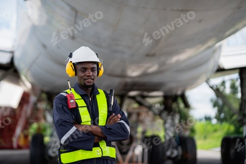 Preview: Engineer inspecting airplane engine with safety tools.