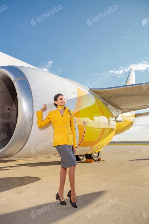 Preview: Cheerful woman stewardess standing near airplane at airfield