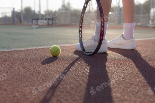 Preview: the womans legs holding a tennis racket on a clay tennis court