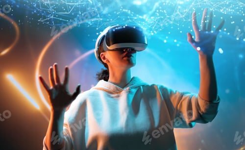 Preview: Woman with VR virtual reality goggles