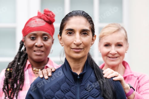Preview: Fitness senior multiracial women looking at camera.