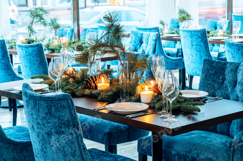 Preview: Christmas or New Year party table in a restaurant or cafe