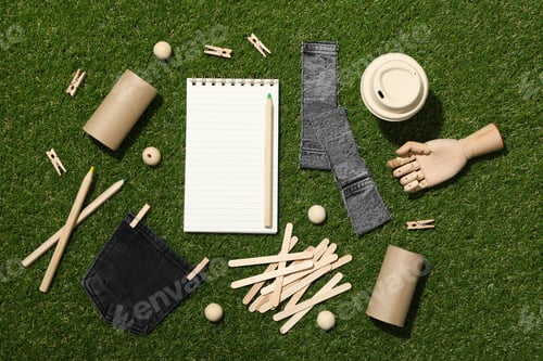 Preview: Materials for upcycling, wooden hand and notepad on green background, top view