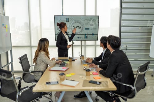 Preview: Employee meeting big screen tv presentation conference discussion brainstorming and working together