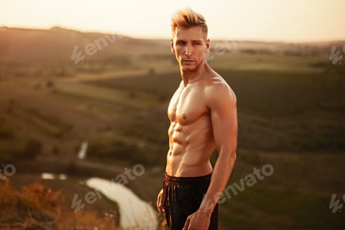 Preview: Confident shirtless male athlete looking away while standing in mountainous valley