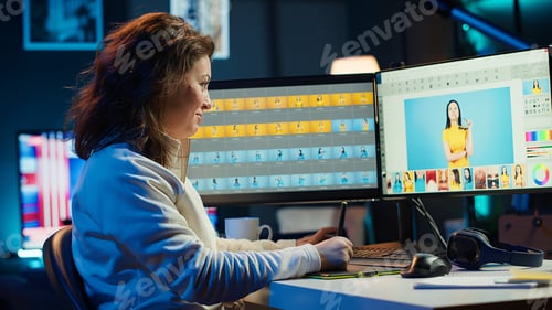 Preview: Photographer using computer to perform editing operations, drinking coffee