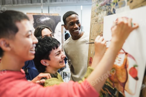 Preview: Multiracial students painting inside art room class at university - Focus on african man face