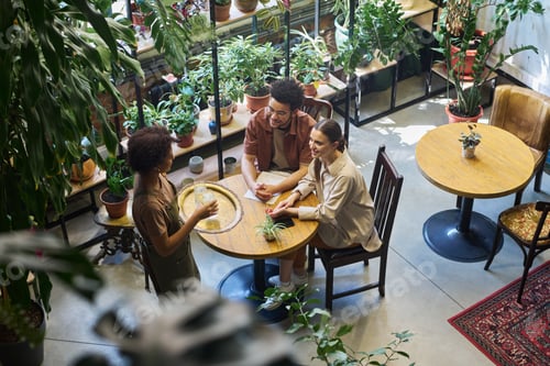 Preview: Above angle of waitress with tray serving young intercultural couple in cafe