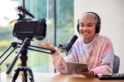 Preview: Female Vlogger Recording Music Keyboard Tutorial Video At Home With Camera