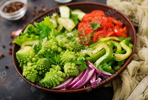Preview: Vegan salad of fresh vegetables and cabbage romanesko. Dietary menu. Proper nutrition