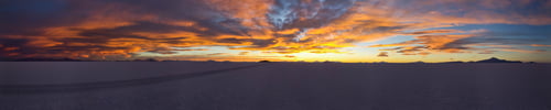 Preview: Large natural panorama of salar de Uyuni salt marsh in Bolivia at sunset