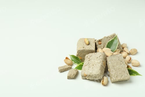 Preview: Halva with pistachio and leaves on white background