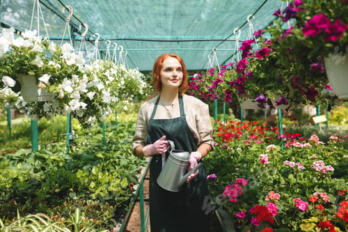 Preview: Pretty lady in apron standing with watering can in hands around beautiful flowers