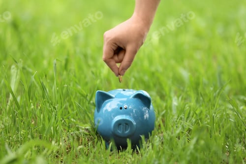 Preview: Young woman putting coin into piggy bank on green grass outdoors, closeup
