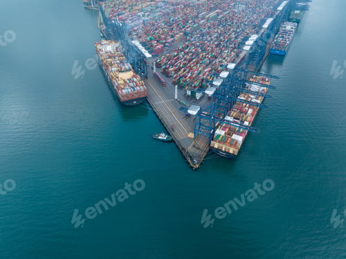 Preview: Shenzhen ,China - Circa 2022: Aerial view of landscape at Yantian port in Shenzhen city, China