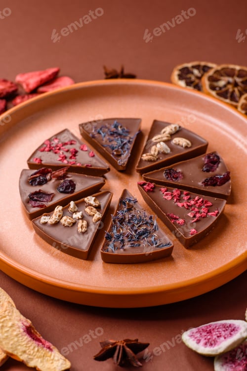 Vorschau: Stellen Sie hausgemachte Schokolade mit Beeren und Früchten her, köstliche Süßigkeiten. Schokolade herstellen