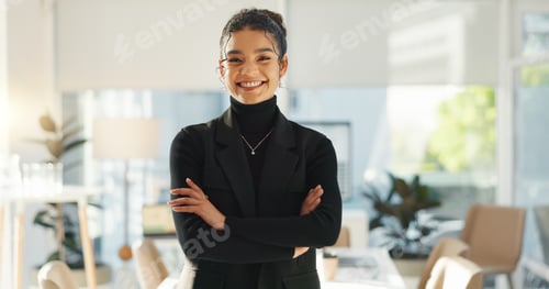 Preview: Crossed arms, happy and face of business woman in office for leadership, empowerment and success. C