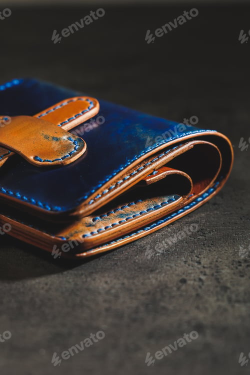 Preview: Nice leather wallet. The skin is blue and brown. Handmade expensive products