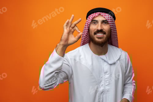 Preview: Successful smiling young Arab man celebrating victory on orange background