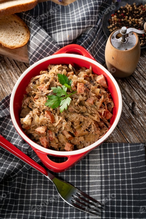Preview: Bigos - sauerkraut stewed with meat, dried mushrooms and sausage.